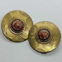 Vtg Big Modernist Mixed Metals Brown Stone Cabochon Statement Earrings Clip-on