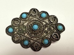 Sterling Silver Turquoise Filigree Brooch Israel 935