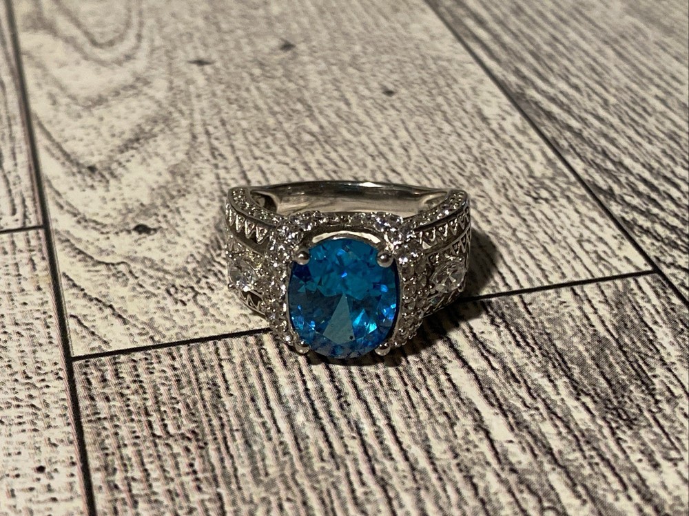 Sz 8 Cushion Cut 925 Ring Blue Topaz Color Stone Sterling Silver Filigree Signed