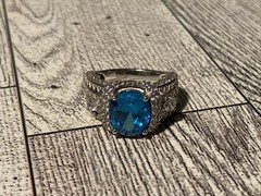 Sz 8 Cushion Cut 925 Ring Blue Topaz Color Stone Sterling Silver Filigree Signed