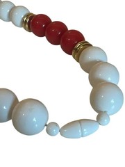 Vintage Red & White Beaded Necklace Gold-Tone Spacers 80s 90s Career Chunky