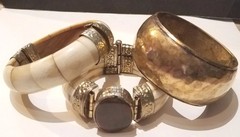 3 vintage India bone horn brass hinged clamper medallion cab gem bracelets