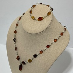 VtgGenuine Honey Cognac Amber Nugget Wire Wrapped Pendant Necklace Bracelet Set