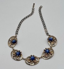 COROCRAFT Sterling Silver Blue Moonstone Rhinestone Flower Chocker Necklace 15.5