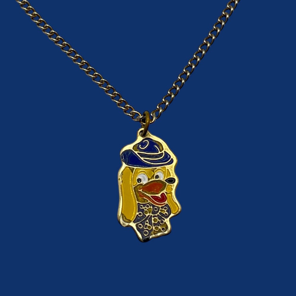 Vintage Cartoon Dog Pendant Necklace Gold Tone Enamel Puppy Hat Kitschy Jewelry