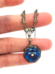 Art Nouveau Art Deco Sterling Silver Cobalt Glass Rhinestone Filigree Necklace