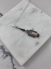 Vintage 925 Sterling Silver Pink Mother Of Pearl Marcasite Deco Pendant Necklace