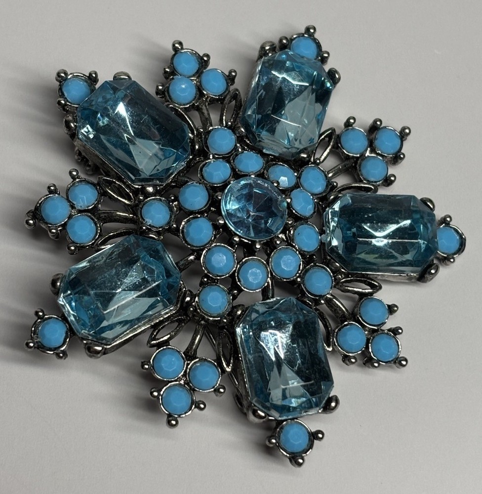 Vintage Brooch Pot Metal Glass Acrylic Blue Rhinestones Flower Starburst