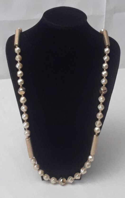 Vintage White Bead Gold Tone Bar Link Long Vintage Necklace 36 in Long