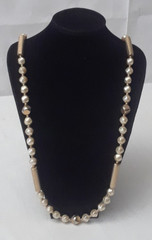 Vintage White Bead Gold Tone Bar Link Long Vintage Necklace 36 in Long