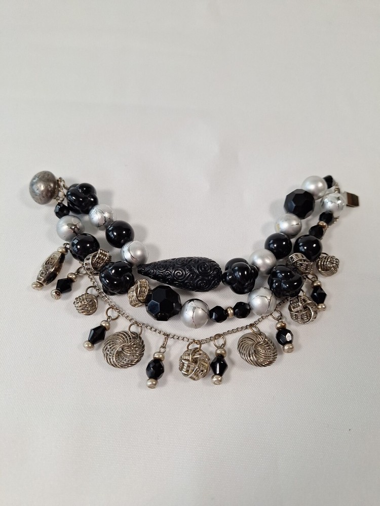 Unique Vtg 3 Strand Black & Silver Glass, Acrylic & Metal Bracelet