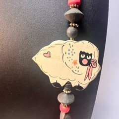Vintage Necklace Lot Eclectic Kid Core Chunky Wood Beads Sheep Pink