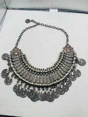 Vintage Silver Tone Boho Ethnic Tribal Coin Coachella Fringe Statement Necklace
