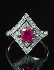 Art Deco Style Kite Cut Two Tone Ring 2 Ct Lab Created Ruby 14k Yellow Gold Over