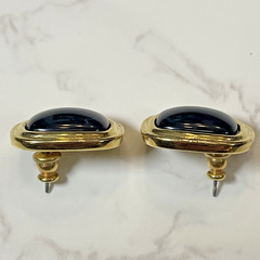 Vintage Trifari Signed Gold Tone & Black Onyx Designer Square Oval Earrings