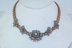 Vtg Enamel Flower Turquoise Bead Seed Pearl Crystal Brass Choker Necklace