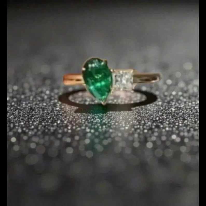 2.10 Ct Natural Emerald Art Deco Vintage Engagement Ring 14K Yellow Gold Over
