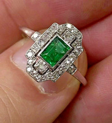 Antique Art Deco Style Emerald & Lab Created Diamond Engagement 925 Silver Ring