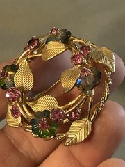 Vintage Garden Party Brooch Pink Crystals Gold Tone Leaves