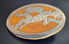 Vintage Sterling Mexico Folk Dancer Brooch 2.5” Orange Overlay Pin