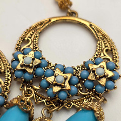 Vintage Moroccan Style Filigree Drop Earrings Blue Bead Gold Tone Dangle 3.5 in