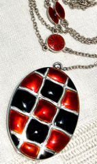 1930s Art Deco ORANGE/BLACK Enamel Checkerboard Sterling Locket Necklace~GERMANY