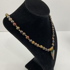Vtg Genuine Jasper Hexagonal Pyramid Pendant Necklace Earring Set Earth Tones