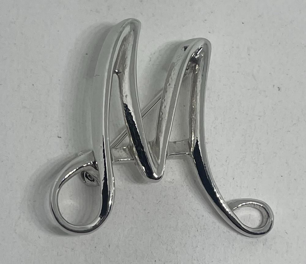 SARAH COVENTRY Signed Initial Letter “M” Brooch Pin Monogram Script Silver 1 1/8