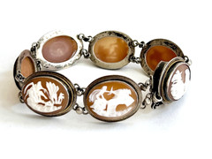 Vintage 800 Silver Carved Shell Oval Cameo Link Bracelet