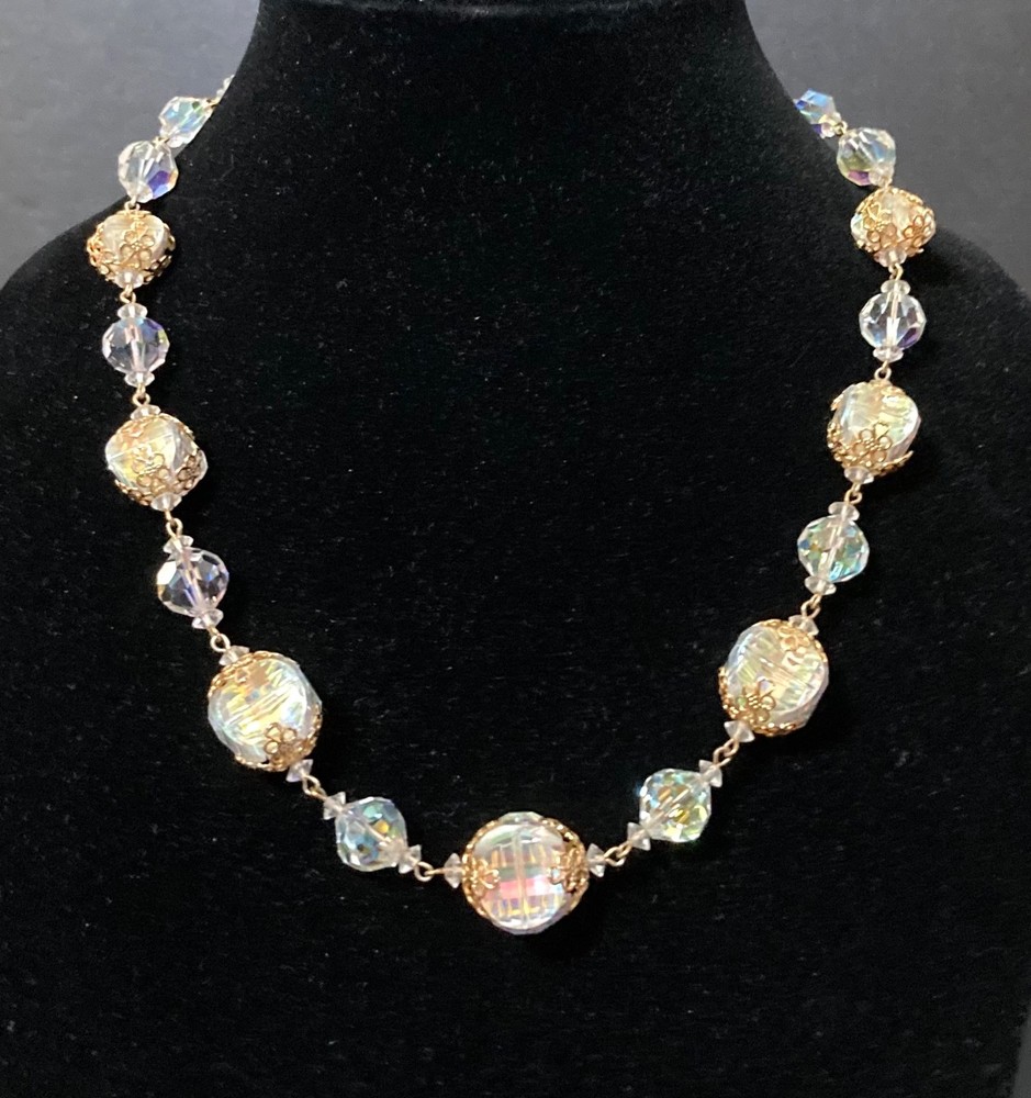 Vintage Vendome Gold Tone Filigree AB Bead Necklace Push Pin Closure 20”