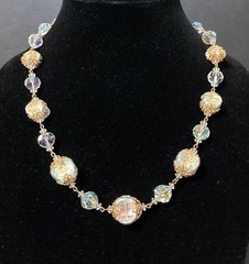Vintage Vendome Gold Tone Filigree AB Bead Necklace Push Pin Closure 20”