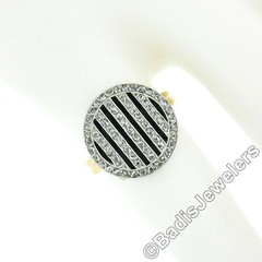 Vintage 14K Gold Platinum 0.60ctw Pave Diamond On Black Onyx Round Platter Ring