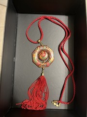 Vintage Cloisonné Red Floral Peacock Enameled Hexagon Tassel Necklace Bird New