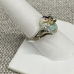 Vintage Millefiori Ring Oval Glass Multi Color Flowers Silver Tone Size 8.25
