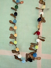 Vintage Multi Color Glass Bead Copper Charms Chain Necklace 50” boho
