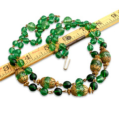 Vintage 1950s Green Jewel-tone Glass Crystal Bead Filigree Multi-strand Necklace