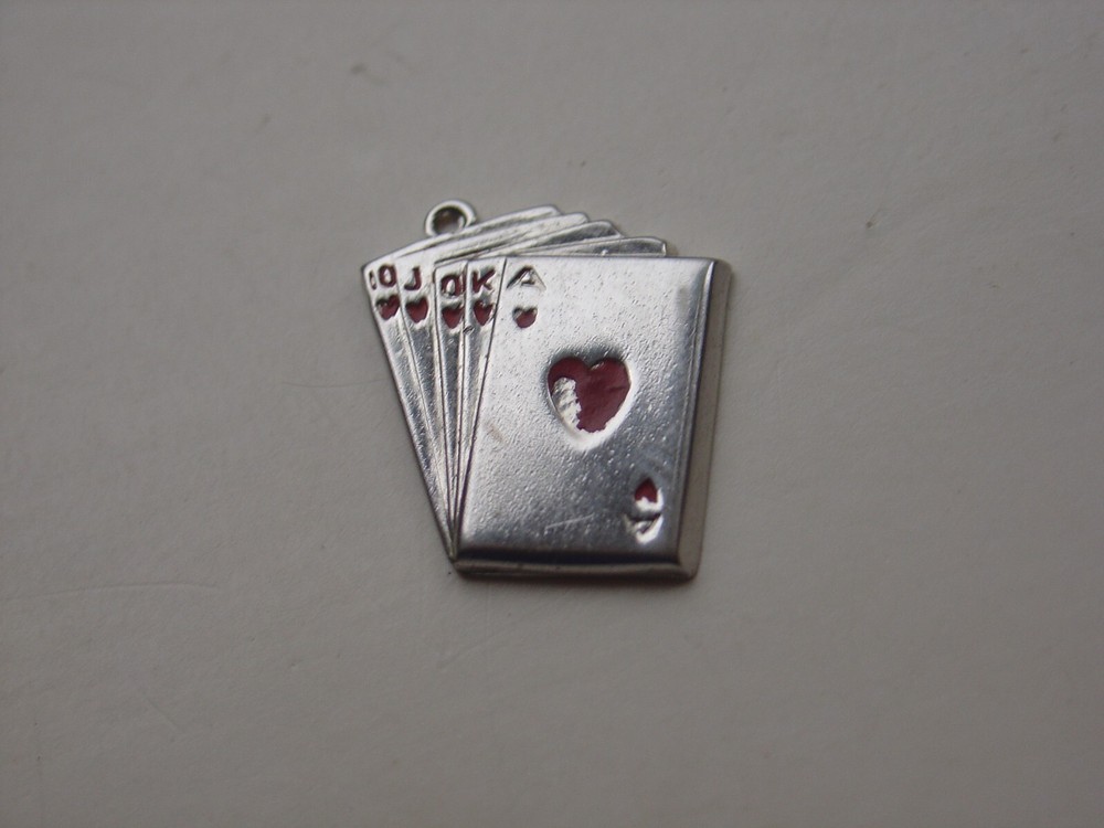 Vintage Sterling Silver Charm Pendant Enamel Royal Heart Flush Playing Card Hand