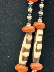 Vintage African Batik Bone Carnelian Trade Bead Multi Strand Necklace Statement