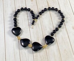 14k Yellow Gold Black Onyx Hearts Necklace Beaded 15.5 inches Vintage