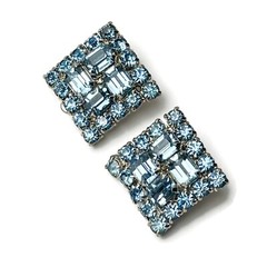 Sparkly Sky Blue Rhinestone Clip Earrings Mid-Century Prong Set Rhodium Plated
