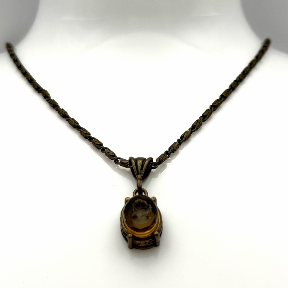 Extasia Signed EXT Vintage Style Bronze Fob Pendant Necklace Smoky Brown Glass