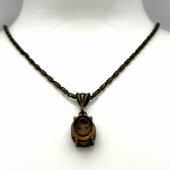 Extasia Signed EXT Vintage Style Bronze Fob Pendant Necklace Smoky Brown Glass