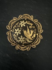 Vintage Damascene Brooch Black Gold Tone Trombone Clasp Filigree Bird Floral