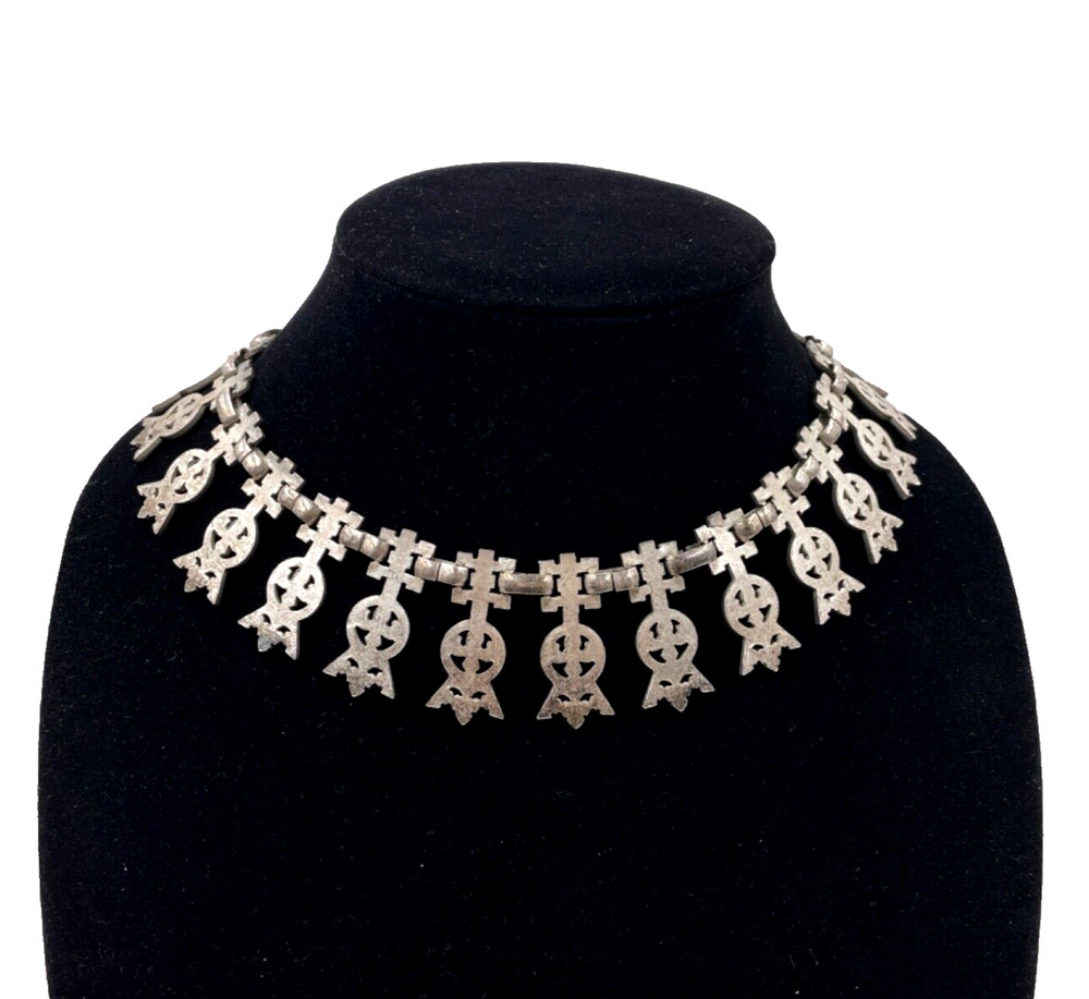 MONET EARLY RARE JUGENDSTIL ART DECO IRON LACE NECKLACE SILVER CLR CHOKER SIGNED
