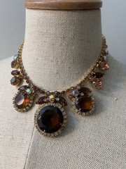 VTG D&E Juliana Root Beer Glass & Topaz Rhinestone Runway Necklace & Earrings