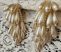 Vtg Glamorous Cha Cha Statement Burst Earrings Faux Pearl Cluster Fringe Clip On