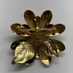 Joan Rivers Gold Tone Peach, Green Enamel Faux Pearl Flower Brooch, Signed M55