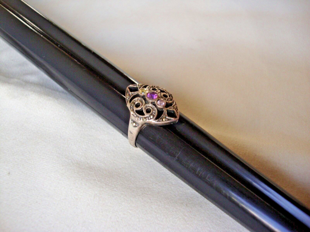 VTG 1970s AMETHYST CITRINE PINK TOPAZ W/ MARCASITE STERLING SILVER 925 RING SZ 7