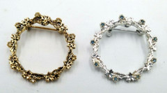 VTG 2 Ivy Wreath 1″ Circle Pins Brooch~~Silver Tone Blue, Gold Tone Clear Stone
