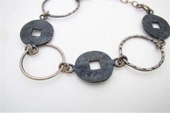 Sterling Round Link & Faux Coin Bracelet Signed KC